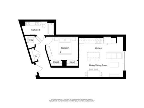 Floor plan for 1 bed, 1 bath, 767 sqft
